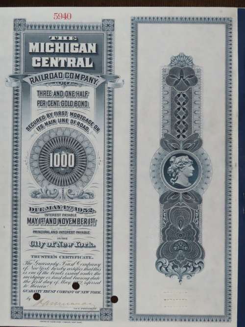 1902 The Michigan Central Railroad Company, $1000 Gold Bond Certificate 5940