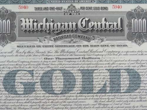 1902 The Michigan Central Railroad Company, $1000 Gold Bond Certificate 4444