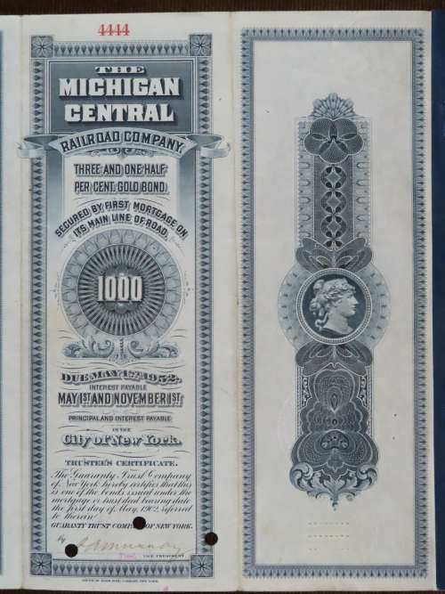1902 The Michigan Central Railroad Company, $1000 Gold Bond Certificate 4444