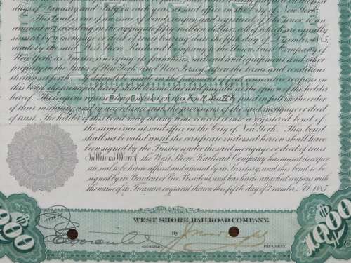 1885 West Shore Railroad Company, $1000 Bond Certificate 14142