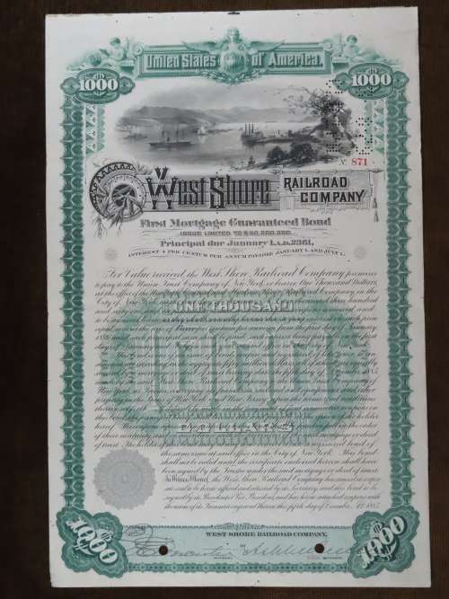 1885 West Shore Railroad Company, $1000 Bond Certificate 871