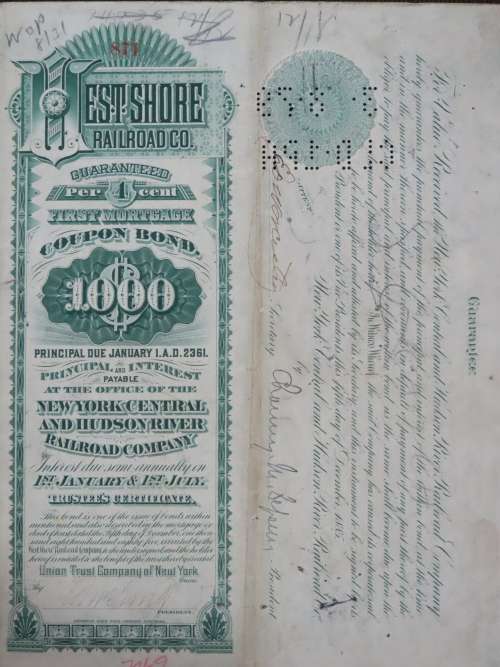 1885 West Shore Railroad Company, $1000 Bond Certificate 871