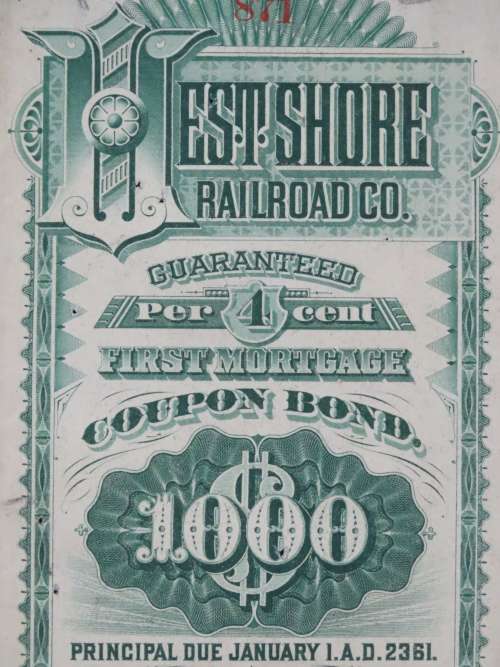 1885 West Shore Railroad Company, $1000 Bond Certificate 871
