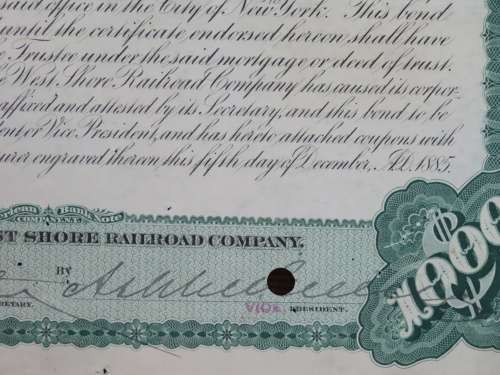 1885 West Shore Railroad Company, $1000 Bond Certificate 871