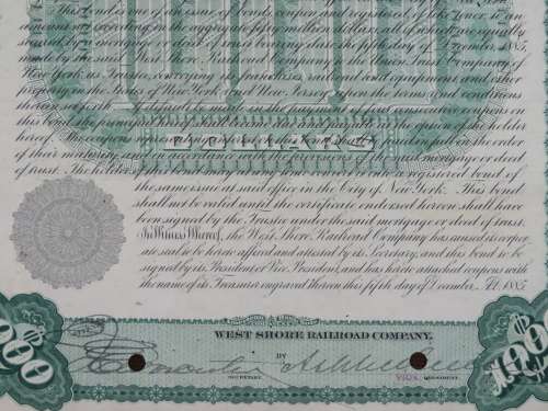 1885 West Shore Railroad Company, $1000 Bond Certificate 871