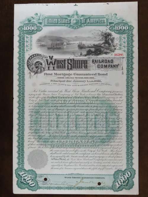 1885 West Shore Railroad Company, $1000 Bond Certificate 16386