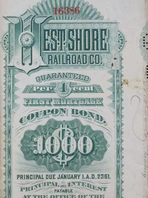 1885 West Shore Railroad Company, $1000 Bond Certificate 16386