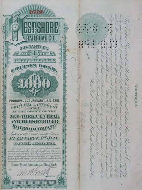 1885 West Shore Railroad Company, $1000 Bond Certificate 16386