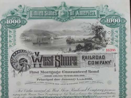 1885 West Shore Railroad Company, $1000 Bond Certificate 16386