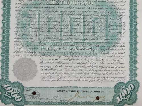 1885 West Shore Railroad Company, $1000 Bond Certificate 16386