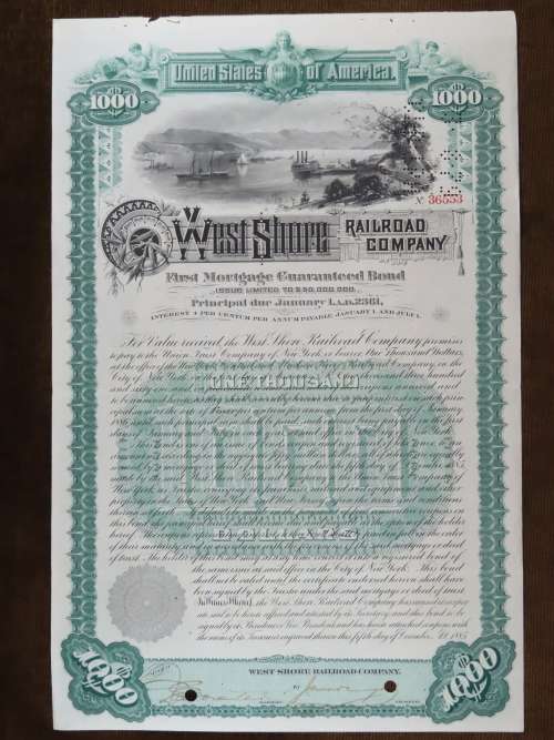 1885 West Shore Railroad Company, $1000 Bond Certificate 36553