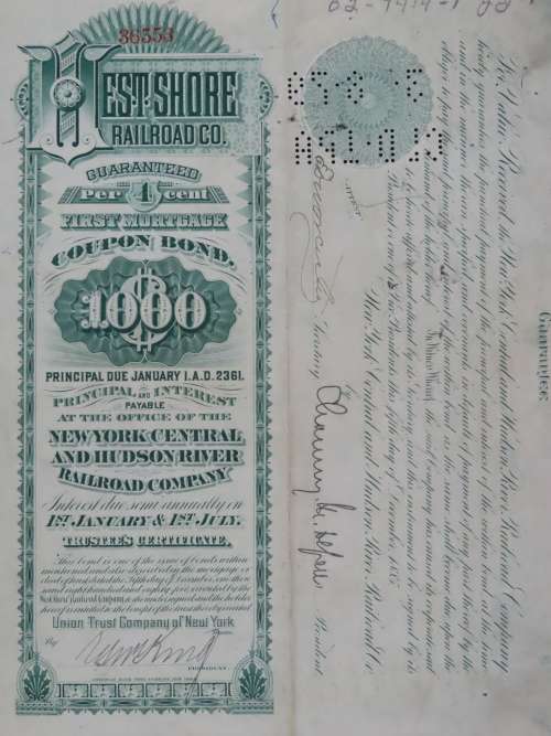 1885 West Shore Railroad Company, $1000 Bond Certificate 36553