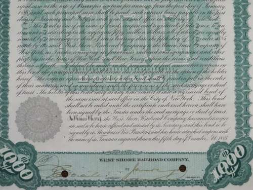 1885 West Shore Railroad Company, $1000 Bond Certificate 36553