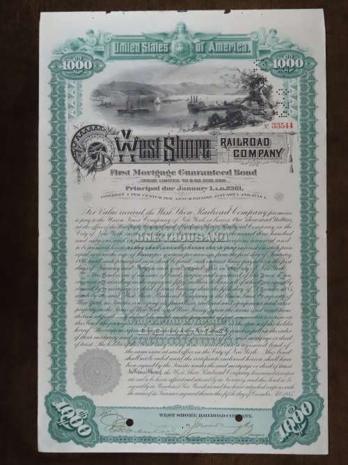 1885 West Shore Railroad Company, $1000 Bond Certificate 33544