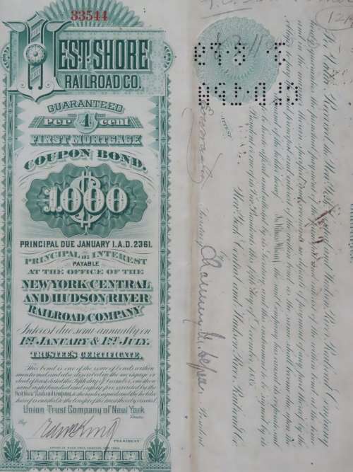 1885 West Shore Railroad Company, $1000 Bond Certificate 33544