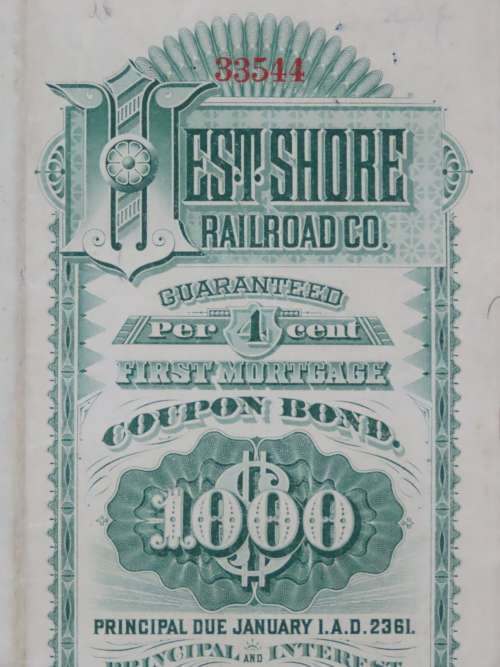 1885 West Shore Railroad Company, $1000 Bond Certificate 33544