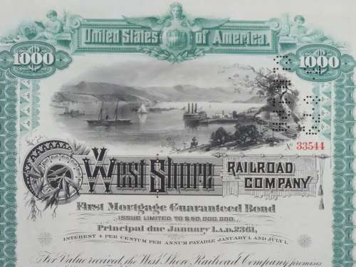 1885 West Shore Railroad Company, $1000 Bond Certificate 33544