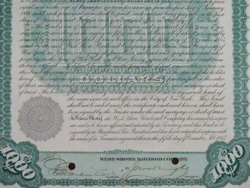 1885 West Shore Railroad Company, $1000 Bond Certificate 33544