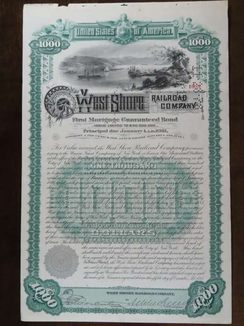 1885 West Shore Railroad Company, $1000 Bond Certificate 1603