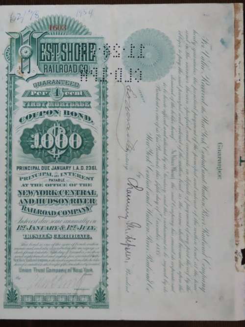 1885 West Shore Railroad Company, $1000 Bond Certificate 1603
