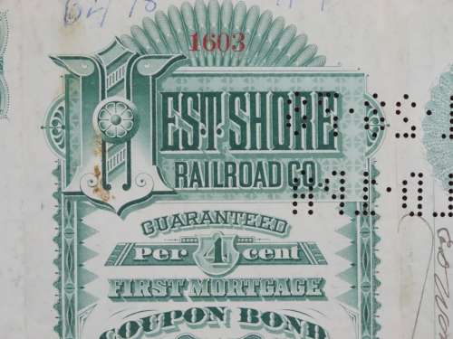 1885 West Shore Railroad Company, $1000 Bond Certificate 1603