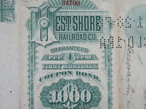 1885 West Shore Railroad Company, $1000 Bond Certificate 34700