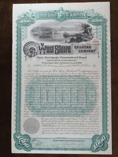 1885 West Shore Railroad Company, $1000 Bond Certificate 34700