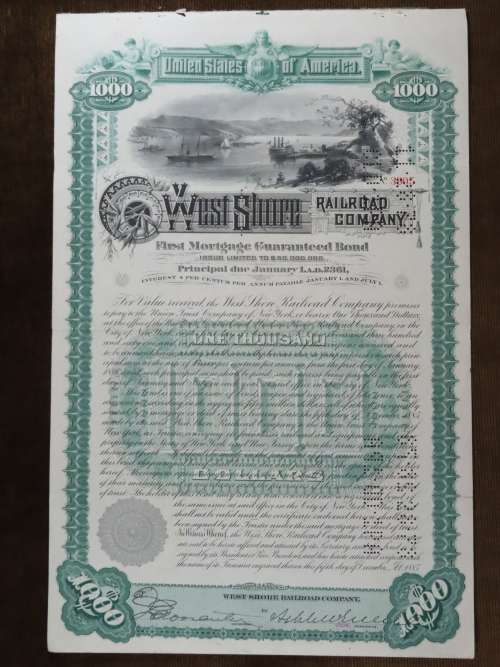 1885 West Shore Railroad Company, $1000 Bond Certificate 3905
