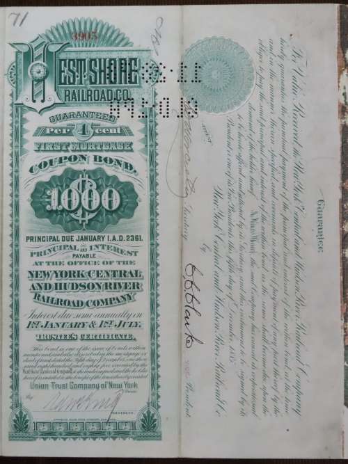1885 West Shore Railroad Company, $1000 Bond Certificate 3905