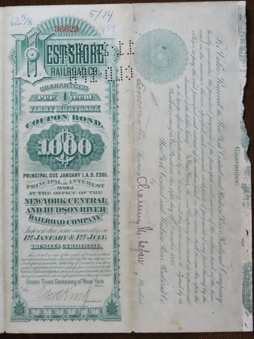 1885 West Shore Railroad Company, $1000 Bond Certificate 36629