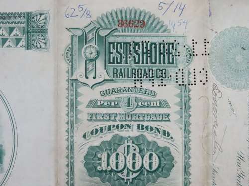 1885 West Shore Railroad Company, $1000 Bond Certificate 36629