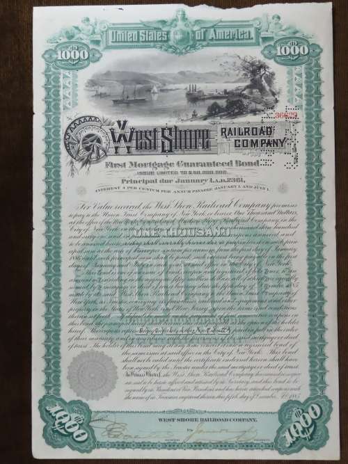 1885 West Shore Railroad Company, $1000 Bond Certificate 36629