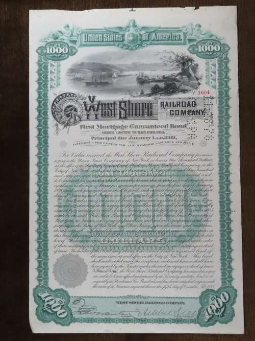 1885 West Shore Railroad Company, $1000 Bond Certificate 1604