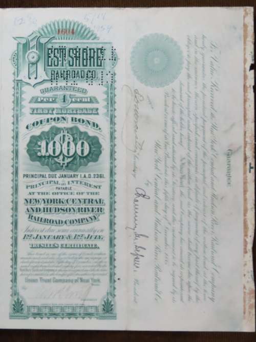 1885 West Shore Railroad Company, $1000 Bond Certificate 1604