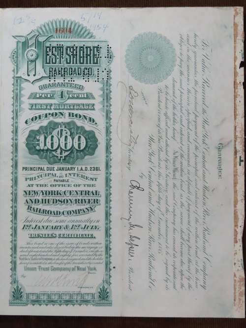 1885 West Shore Railroad Company, $1000 Bond Certificate 1604