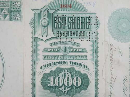 1885 West Shore Railroad Company, $1000 Bond Certificate 1604