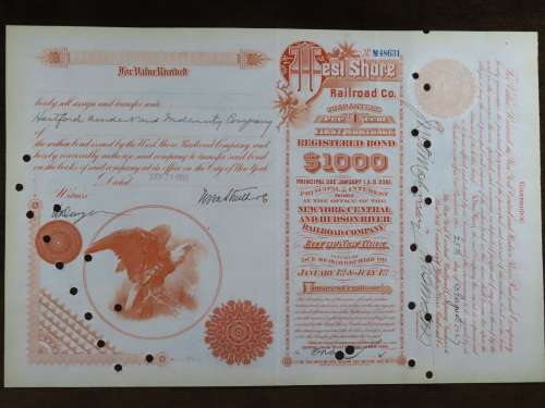 1927 West Shore Railroad Company, $1000 Bond Certificate M48631
