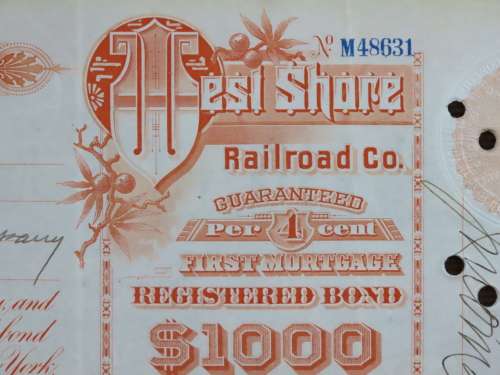 1927 West Shore Railroad Company, $1000 Bond Certificate M48631