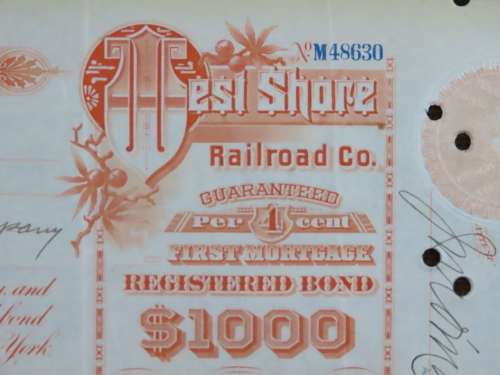 1927 West Shore Railroad Company, $1000 Bond Certificate M48630