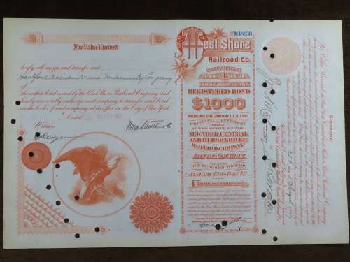 1927 West Shore Railroad Company, $1000 Bond Certificate M48630