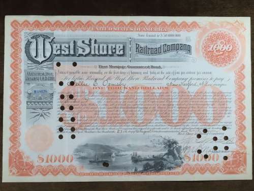 1927 West Shore Railroad Company, $1000 Bond Certificate M48628
