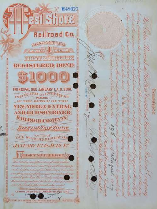 1927 West Shore Railroad Company, $1000 Bond Certificate M48627