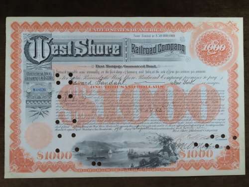 1927 West Shore Railroad Company, $1000 Bond Certificate M48626