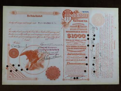 1927 West Shore Railroad Company, $1000 Bond Certificate M48626