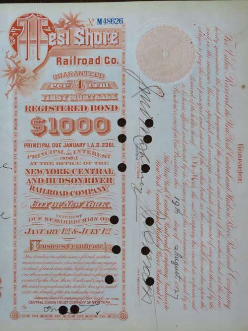 1927 West Shore Railroad Company, $1000 Bond Certificate M48626