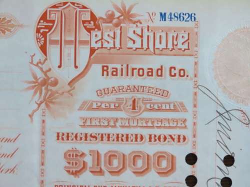 1927 West Shore Railroad Company, $1000 Bond Certificate M48626