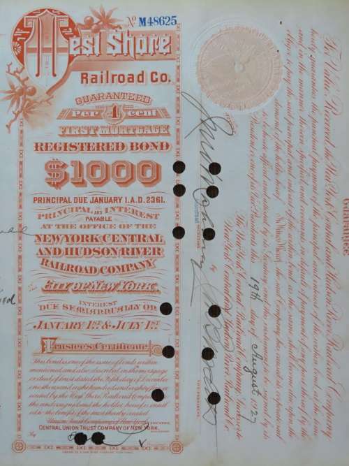 1927 West Shore Railroad Company, $1000 Bond Certificate M48625