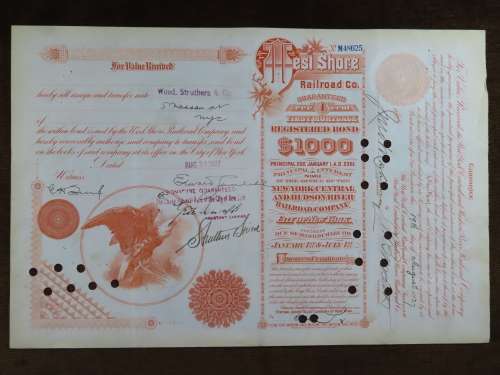 1927 West Shore Railroad Company, $1000 Bond Certificate M48625