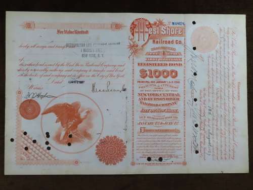 1927 West Shore Railroad Company, $1000 Bond Certificate M48624