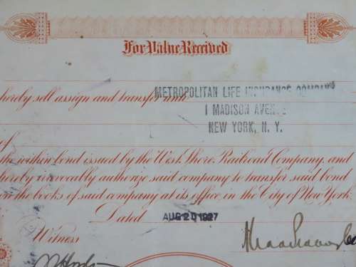 1927 West Shore Railroad Company, $1000 Bond Certificate M48624